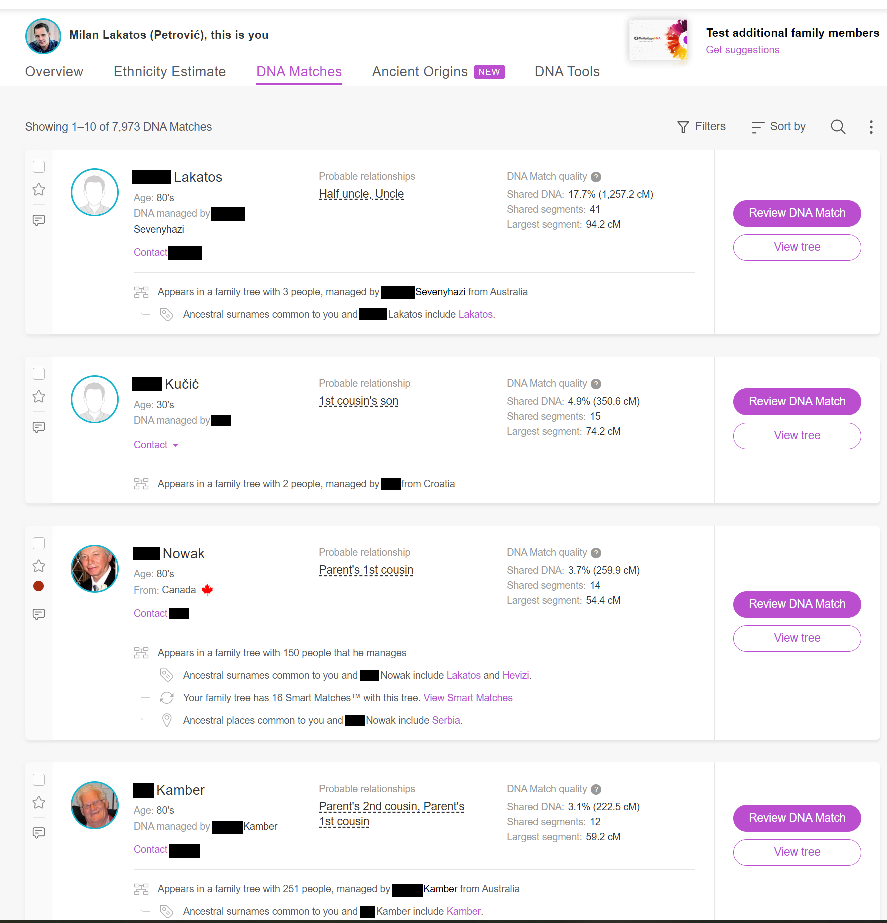 DNA-matching screenshot with given names redacted